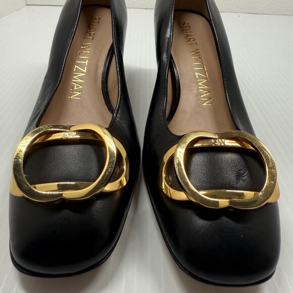 Stuart Weitzman Anicia 60 Black Leather Pumps Gold Buckle Size 5.5 Block Heel - Picture 5 of 13